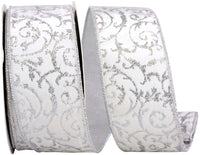 Silver Glitter Filigree Velvet Wired Edge Ribbon 2-1/2 Inch