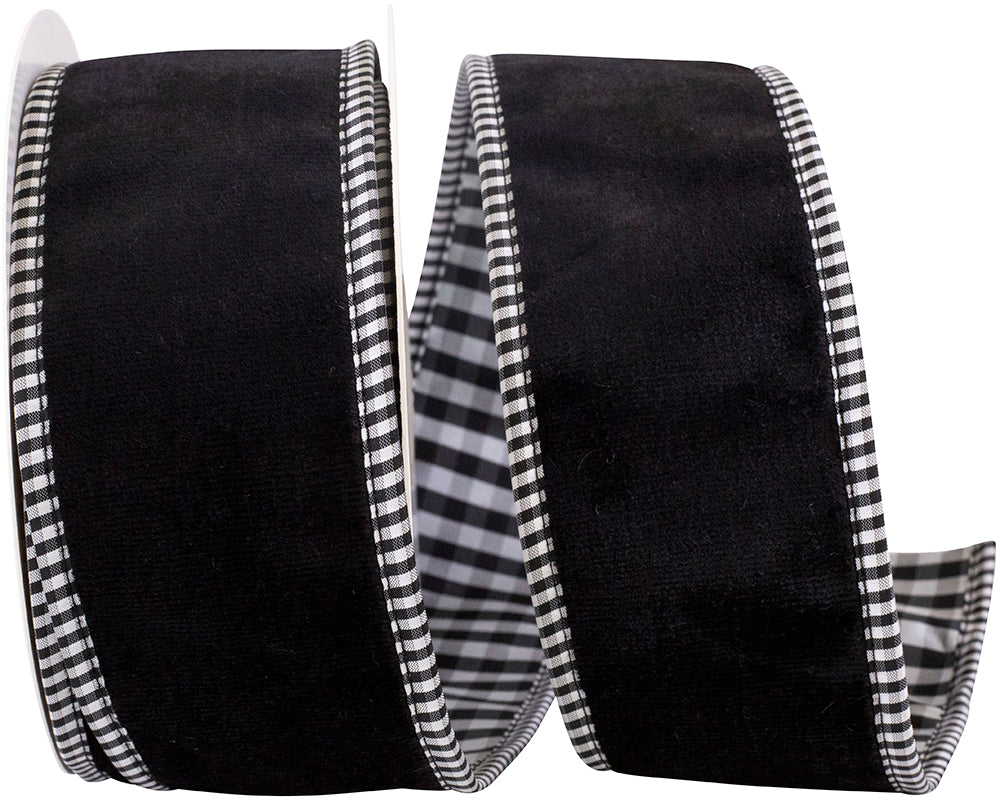 Black Velvet Plush Gingham Wired Edge Ribbon 2-1/2 Inch