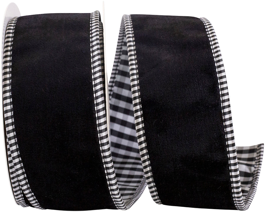 Black Velvet Plush Gingham Wired Edge Ribbon 2-1/2 Inch