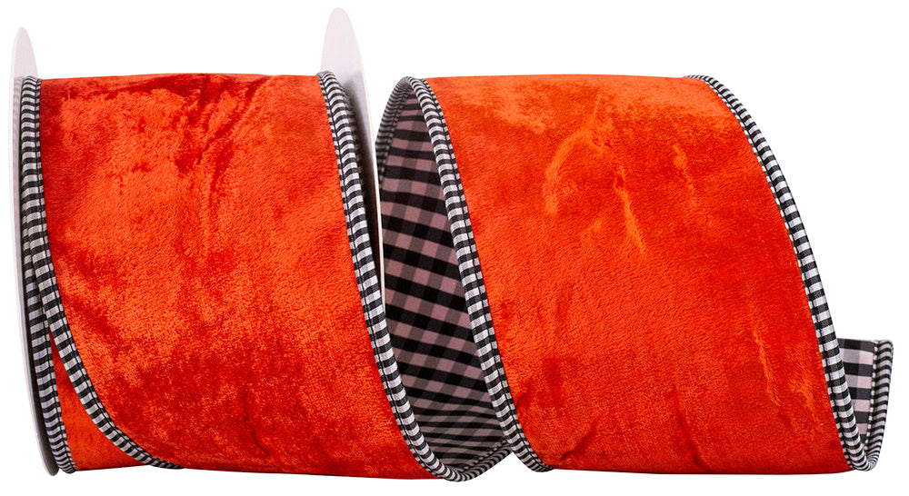Orange Velvet Plush Gingham Wired Edge Ribbon 4 Inch