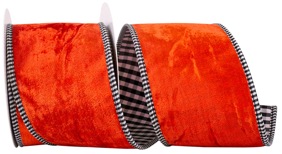 Orange Velvet Plush Gingham Wired Edge Ribbon 4 Inch