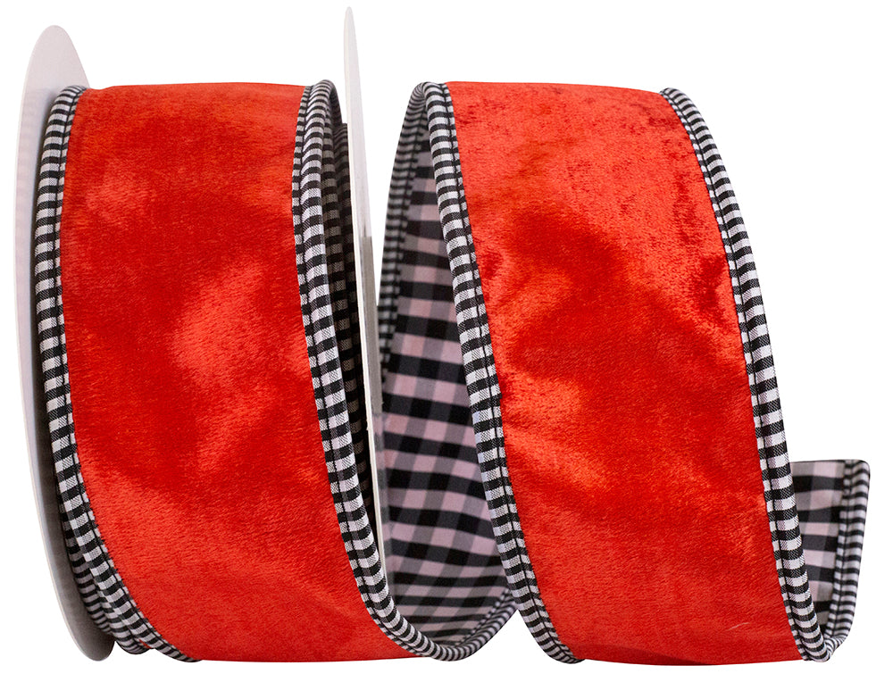 Orange Velvet Plush Gingham Wired Edge Ribbon 2-1/2 Inch