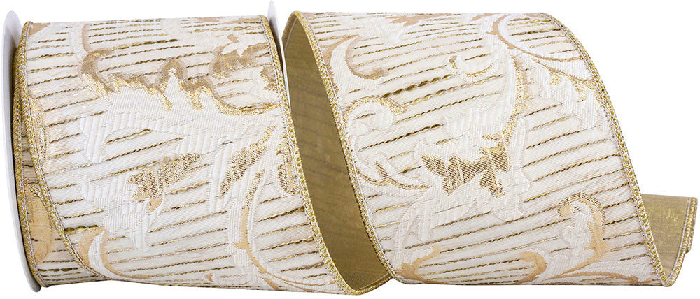 Rococco Jacquard Wired Edge Ribbon Ivory Gold 4 Inch