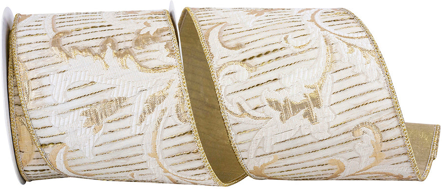 Rococco Jacquard Wired Edge Ribbon Ivory Gold 4 Inch