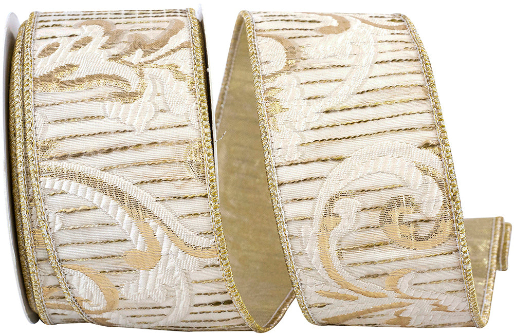 Rococco Jacquard Ribbon Ivory Gold 2-1/2 Inch 10 Yards