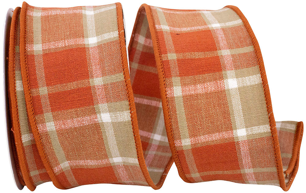 Plaid Canvas Tierra Wired Edge Ribbon Burnt 2-1/2 Inch