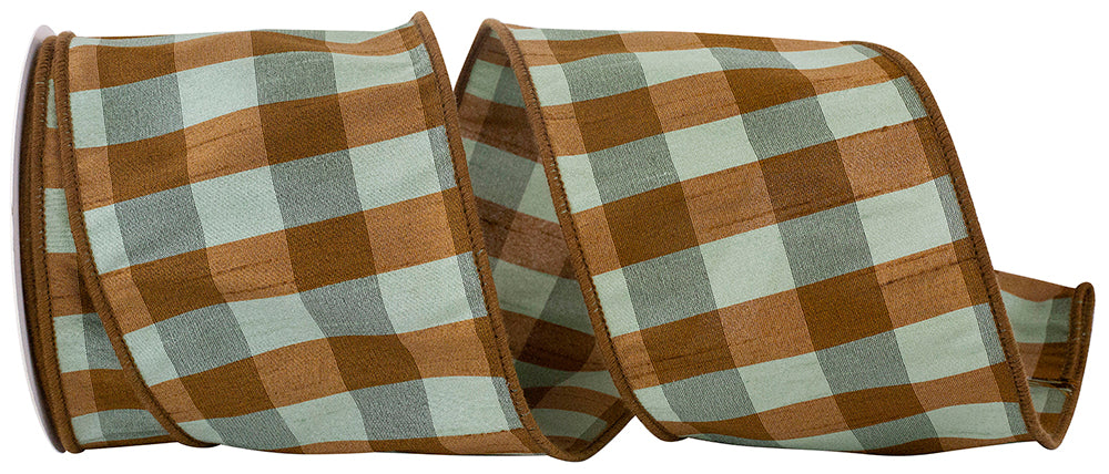 Celadon 4 Inch Aspen Dupioni Check Wired Edge Ribbon for Wreaths & Bows