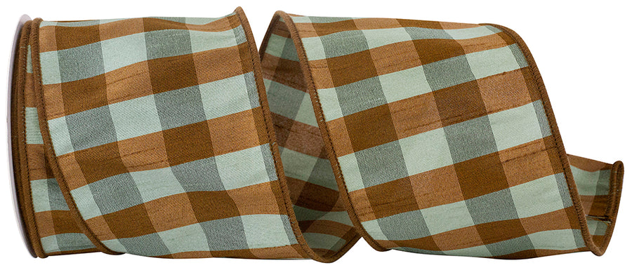 Celadon 4 Inch Aspen Dupioni Check Wired Edge Ribbon for Wreaths & Bows