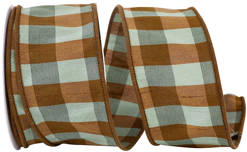 Celadon 2-1 2 Inch Aspen Dupioni Check Wired Edge Ribbon for Wreaths & Bows