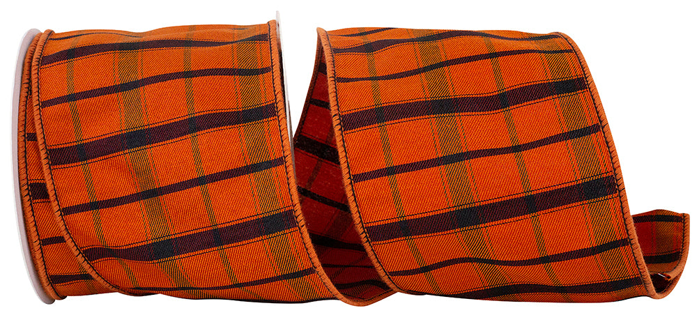 Plaid Sunset Twill Wired Edge Ribbon 4 Inch Orange