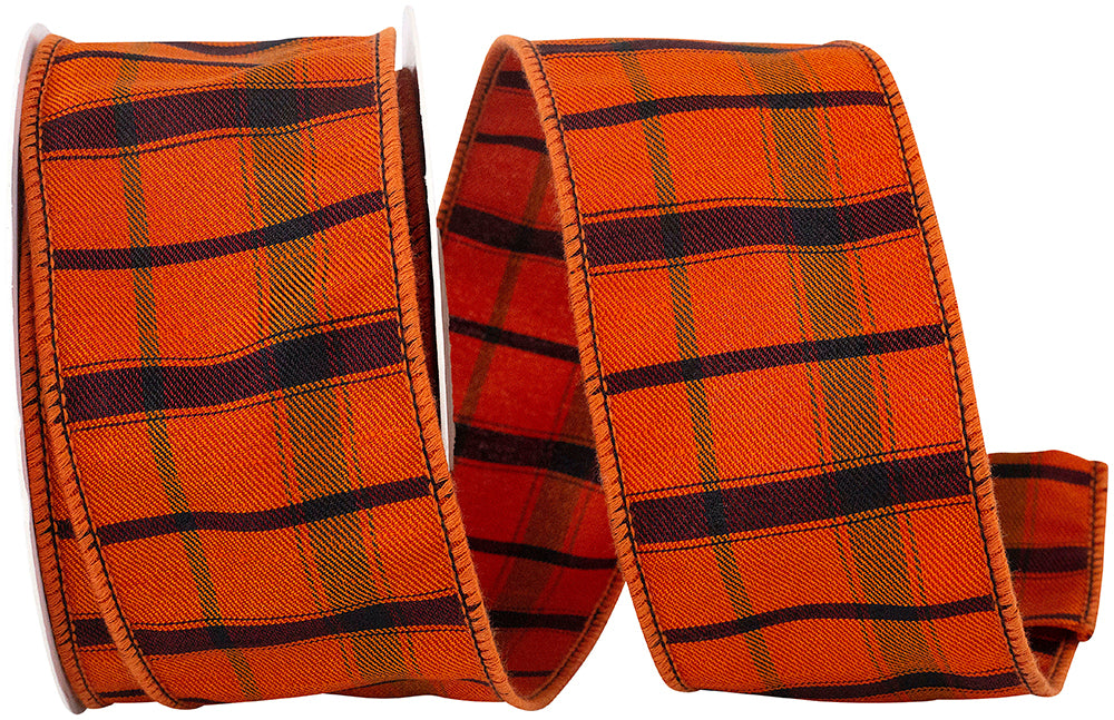 Plaid Sunset Twill Wired Edge Ribbon Orange 2-1/2 Inch