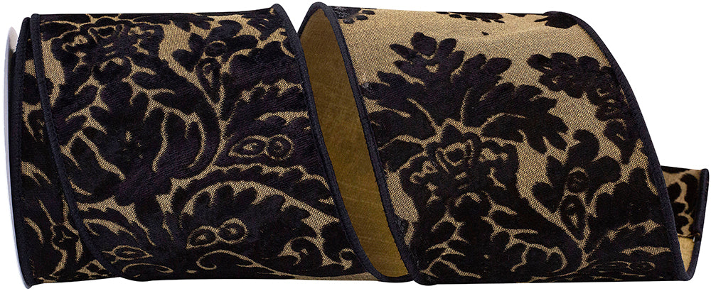 Black 4 Inch Velvet Cutout Deluxe Filigree Dupioni Backed Wired Edge Ribbon for Wreaths & Bows
