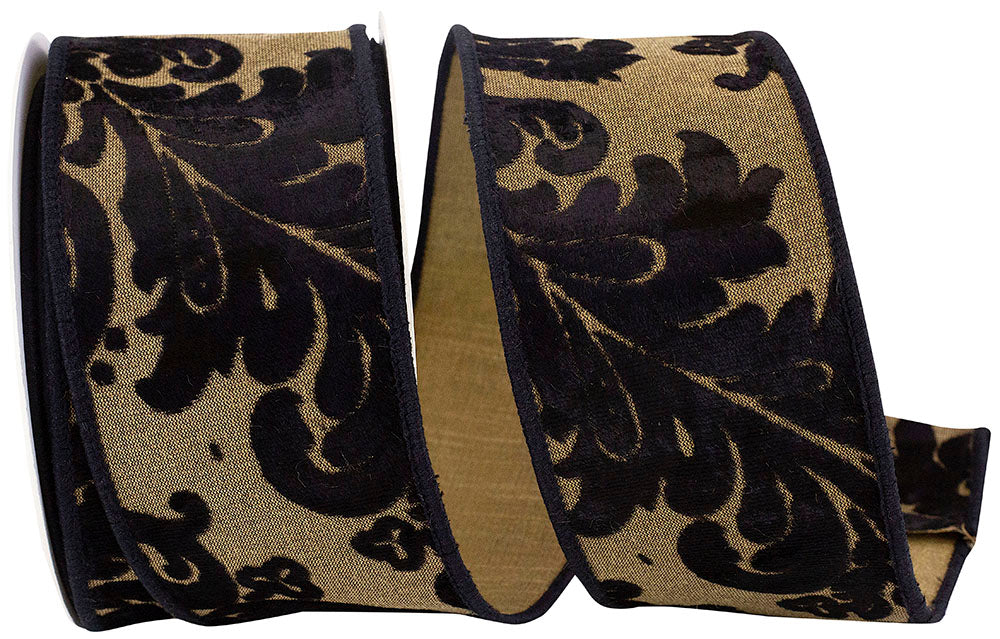 Black 2-1 2 Inch Velvet Cutout Deluxe Filigree Dupioni Backed Wired Edge Ribbon for Wreaths & Bows