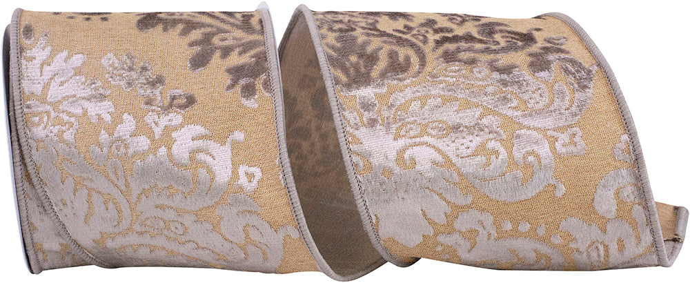 Taupe 4 Inch Melanie's Damask Dupioni Backed Wired Edge Ribbon for Wreaths & Bows