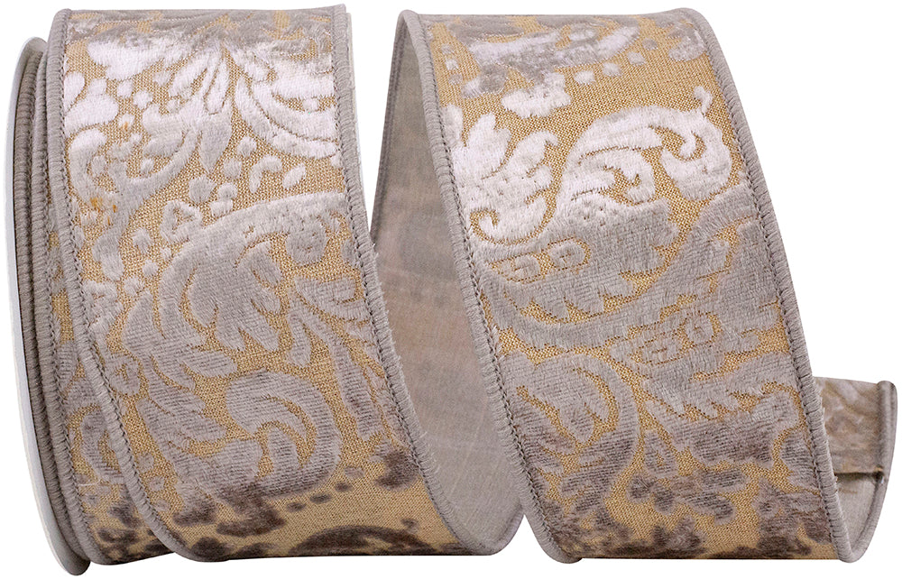 Taupe 2-1 2 Inch Melanie's Damask Dupioni Backed Wired Edge Ribbon for Wreaths & Bows