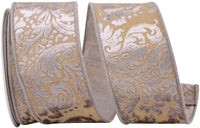 Taupe 2-1 2 Inch Melanie's Damask Dupioni Backed Wired Edge Ribbon for Wreaths & Bows