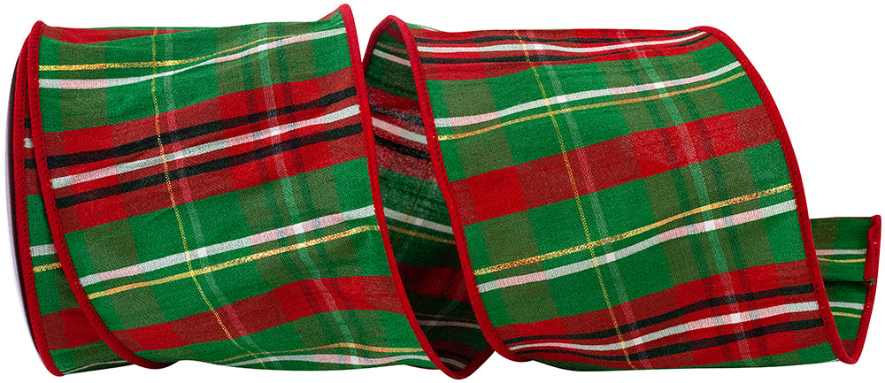 Plaid Dupioni Verde Wired Edge Ribbon Red Green 4 Inch