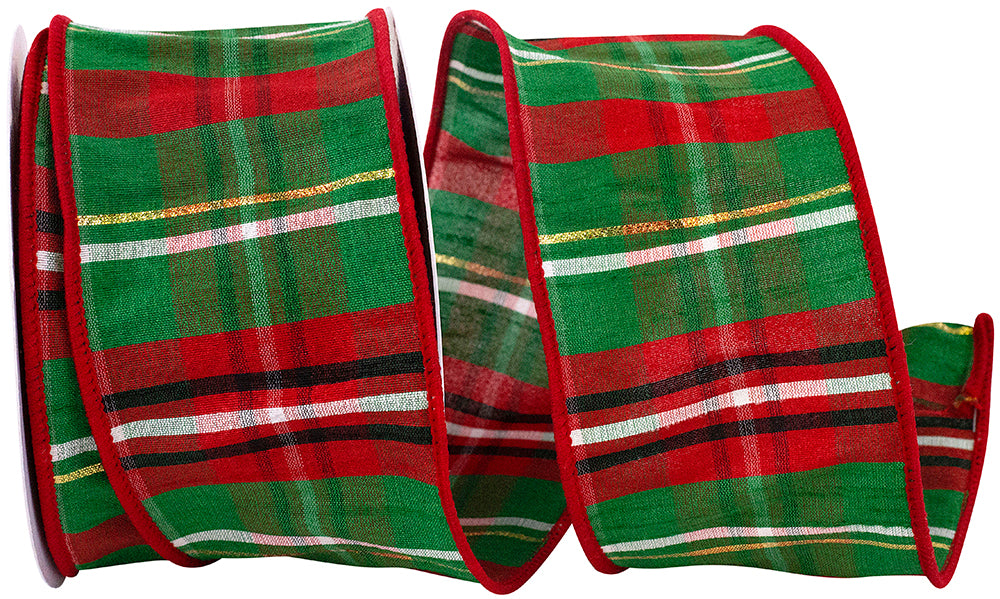 Plaid Dupioni Verde Wired Edge Ribbon Red Green 2-1/2 Inch