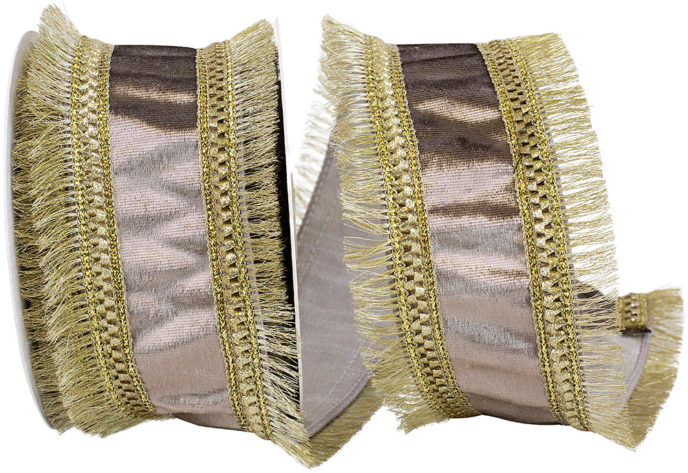 Champagne 2-1 2 Inch Plush Velvet Jeweled Fringe Wired Edge Ribbon for Wreaths & Bows