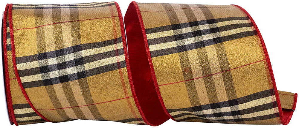 Antique Metallic Plaid Wired Edge Ribbon 4 Inch Red Backed