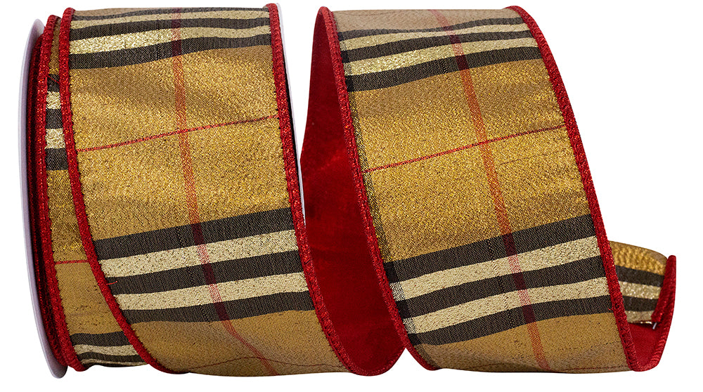 Antique Metallic Plaid Ribbon 2-1/2 Inch Red Backed