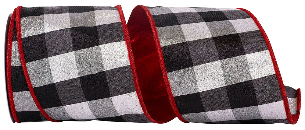 4 Inch Black Silver Check Shimmer Metallic Wired Ribbon