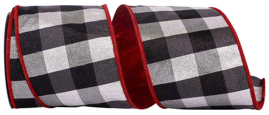 4 Inch Black Silver Check Shimmer Metallic Wired Ribbon