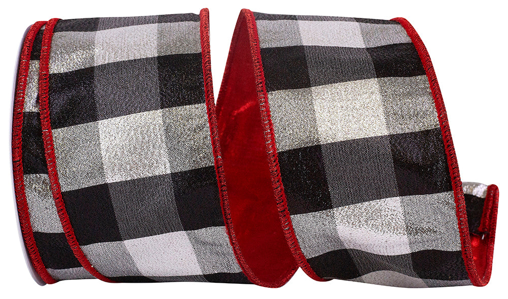 Black Silver Check Shimmer Metallic Wired Edge Ribbon 2-1/2 Inch