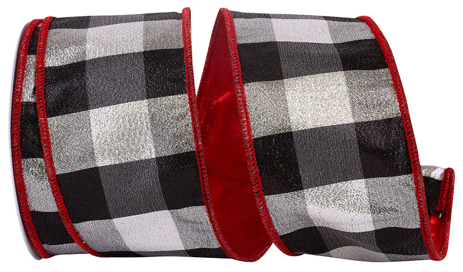Black Silver Check Shimmer Metallic Wired Edge Ribbon 2-1/2 Inch