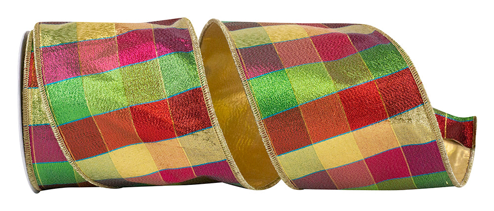 Jewel Tone Metallic Check Ribbon 4 Inch Gold Backed