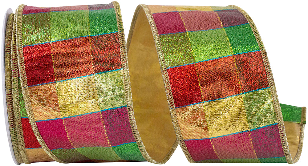 Jewel Tone Metallic Check Wired Edge Ribbon 2-1/2 Inch Multi