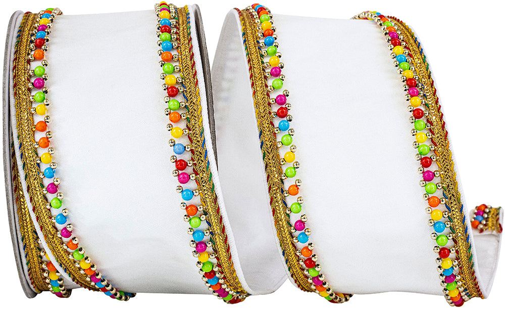 White 4 Inch Beaded Candy Edge Deluxe Wired Edge Ribbon for Wreaths & Bows