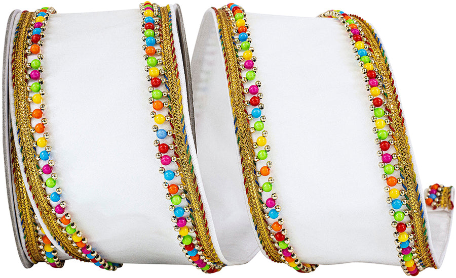 White 4 Inch Beaded Candy Edge Deluxe Wired Edge Ribbon for Wreaths & Bows