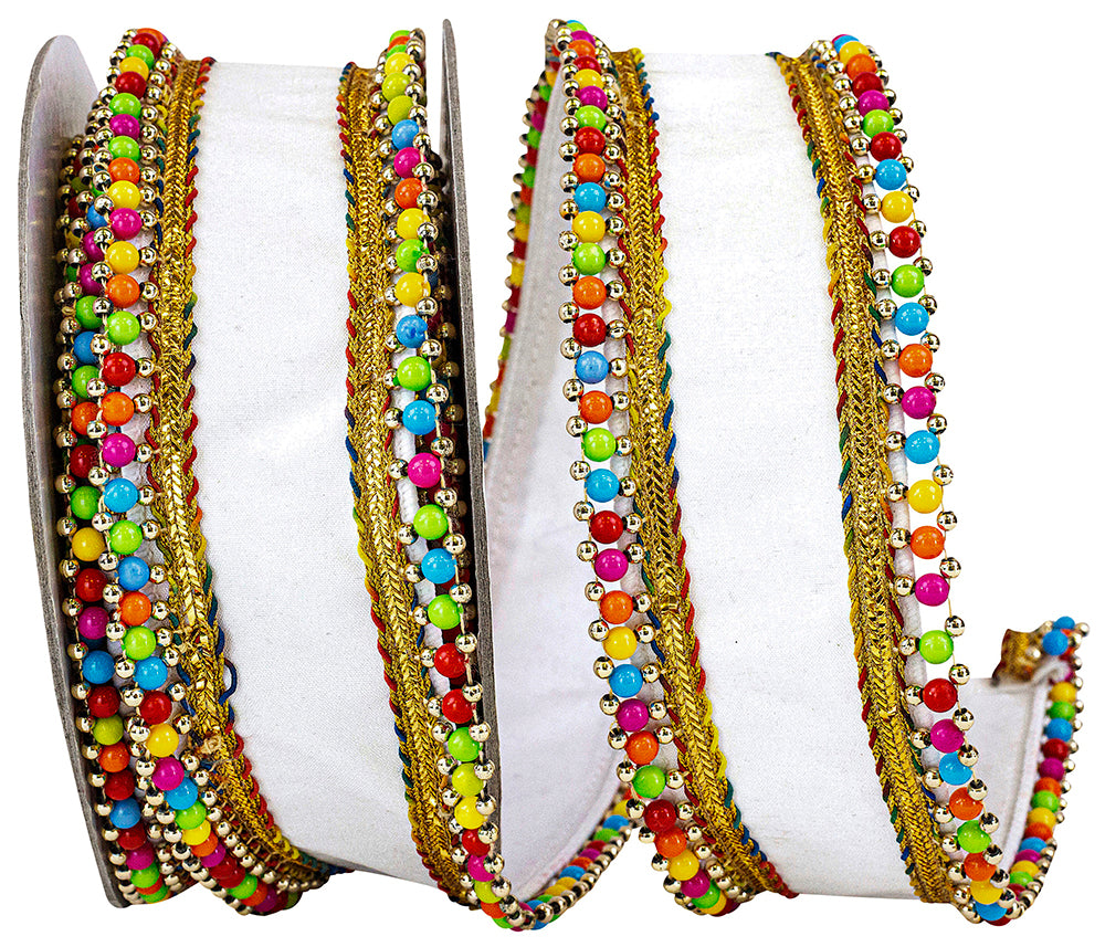 White 2-1 2 Inch Beaded Candy Edge Deluxe Wired Edge Ribbon for Wreaths & Bows