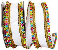 White 2-1 2 Inch Beaded Candy Edge Deluxe Wired Edge Ribbon for Wreaths & Bows