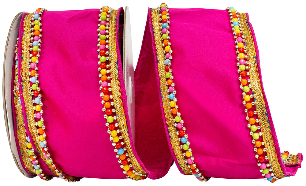 Fuchsia 4 Inch Beaded Candy Edge Deluxe Wired Edge Ribbon for Wreaths & Bows