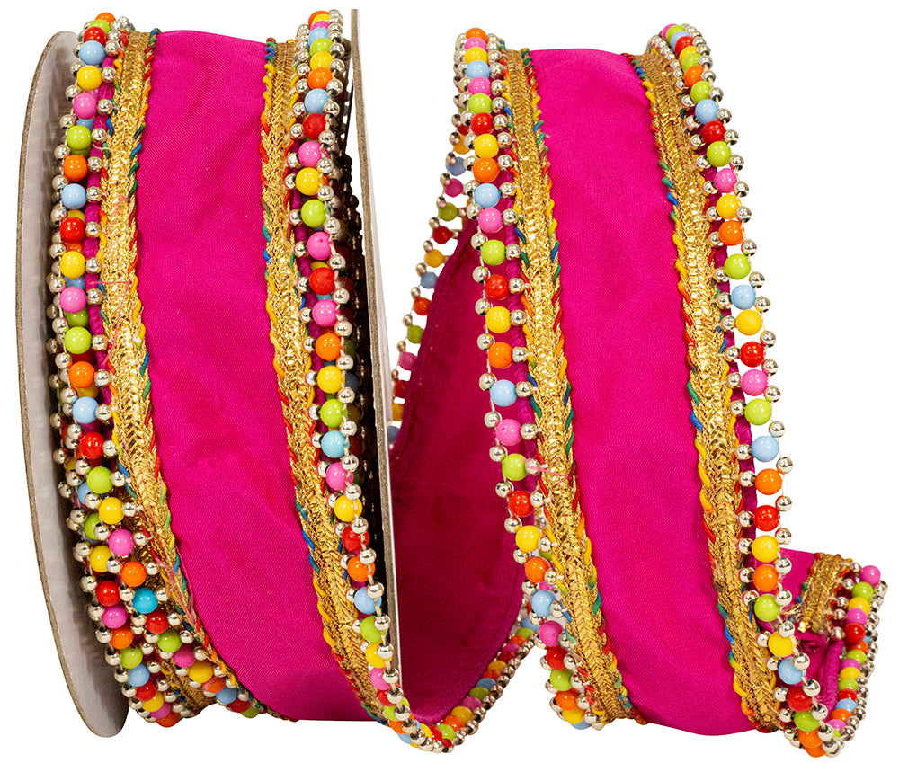 Fuchsia 2-1 2 Inch Beaded Candy Edge Deluxe Wired Edge Ribbon for Wreaths & Bows
