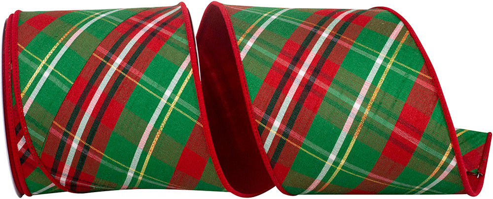 Plaid Dupioni Ribbon Red Green 4 Inch Wired Edge for Bows