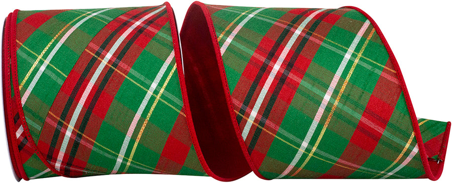 Plaid Dupioni Ribbon Red Green 4 Inch Wired Edge for Bows