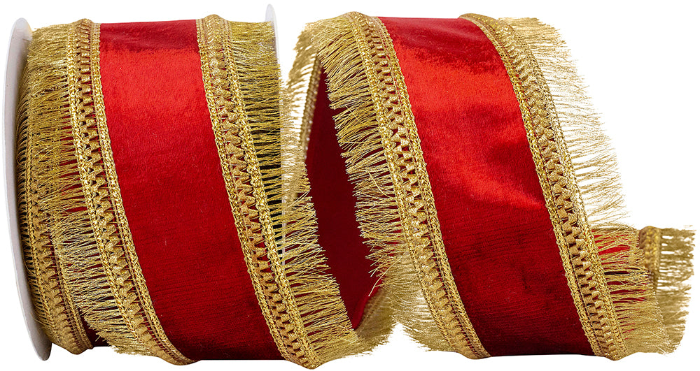 Red 2-1 2 Inch Velvet Plush Regal Fringe Wired Edge Ribbon for Wreaths & Bows