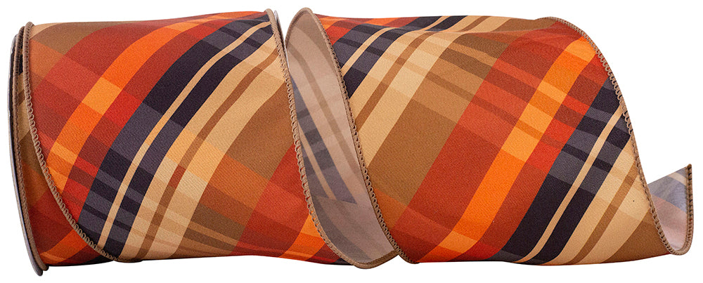 Rust Plaid Diagonal Wired Edge Ribbon 4 Inch for Bows