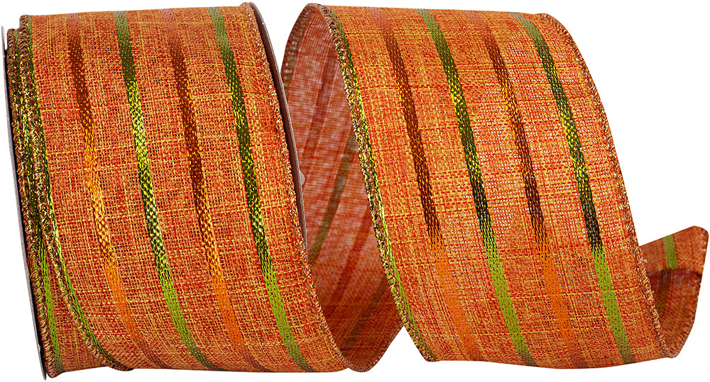Orange Tonal Metallic Stripes Linen Wired Edge Ribbon 2-1/2 Inch