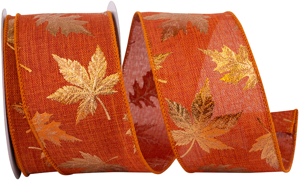 Copper Metallic Raised Leaf Linen Wired Edge Ribbon 2-1/2 Inch