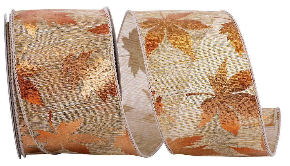 Metallic Raised Leaf Wired Edge Ribbon Natural 2-1/2 Inch