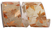 Metallic Raised Leaf Wired Edge Ribbon Natural 2-1/2 Inch