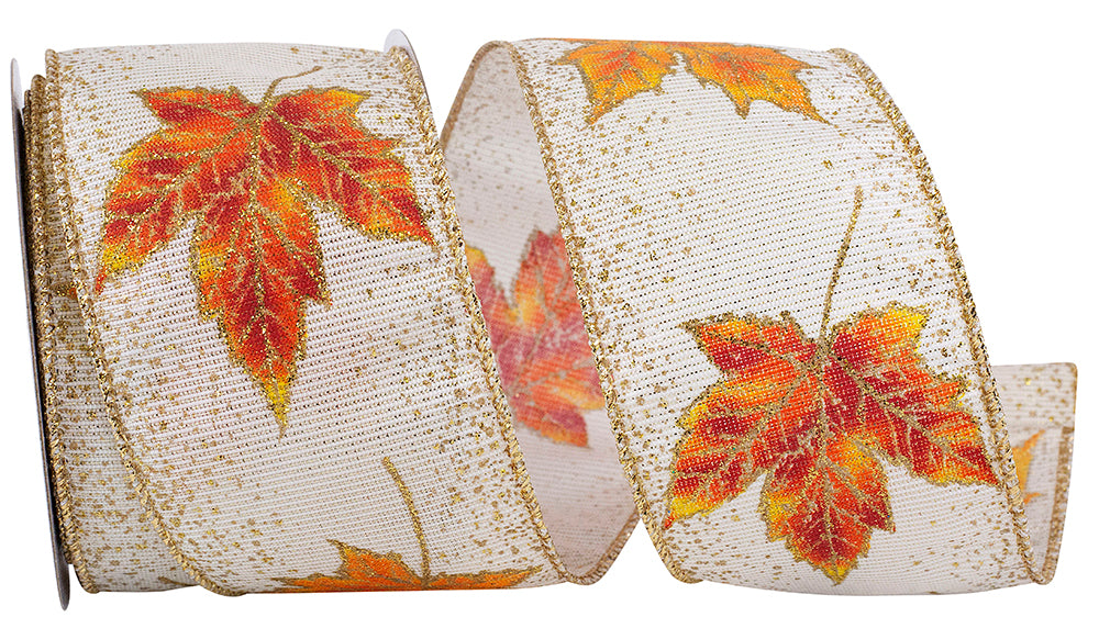 Changing Seasons Leaves Glimmer Ribbon Ivory Gold 2-1/2 Inch