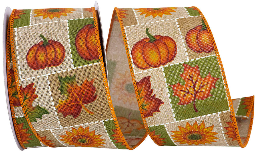 Natural 2-1 2 Inch Harvest Stitched Squares Linen Wired Edge Ribbon for Wreaths & Bows