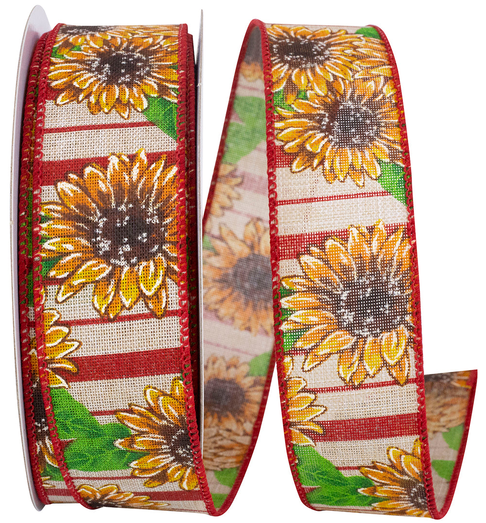 Natural Red 1-1/2 Inch Linen Wired Edge Ribbon with Sunflowers