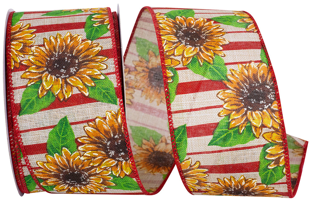 2-1/2 Inch Natural Red Sunflowers Linen Wired Edge Ribbon