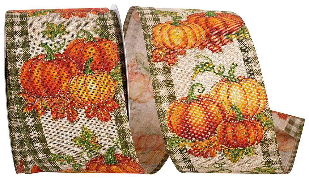 Moss Glitter Gingham Wired Edge Ribbon 2-1/2 Inch Pumpkin Patch